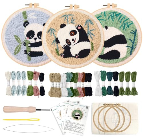 MKNZOME Punch Needle Set für Anfänger, Einfaches DIY-Stick-Set mit Panda-Design, Bastelset für Erwachsene inklusive Vorlagen, Werkzeug, Garnen, Stickrahmen und Anleitung