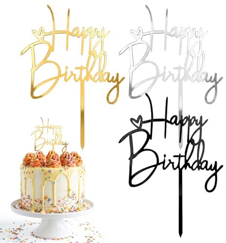 Nogeqi 3PCS Happy Birthday Cake Toppers Sign Picks, Birthday Cake Decorations for Celebrating Anniversary Birth Day Party Supplies (3 Colors)