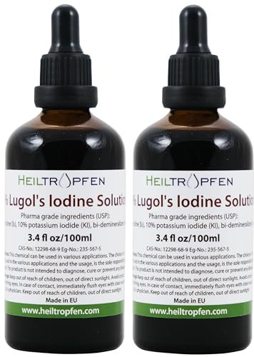2X 100 ml Lugolsche Lösung 5% Jodlösung | Inhaltsstoffe in pharmazeutischer Qualität | 15% Lugols Liquid Formulierung | 5 Prozent elementares Jod und 10% Kaliumjodid | Braunglas Pipette | Heiltropfen®