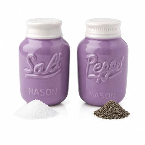Vintage Mason Jar Salt & Pepper Shakers by Comfify - Adorable Decorative Mason Jar Decor for Vintage, Rustic, Shabby Chic - Sturdy Ceramic in Purple - 100 ml Cap.