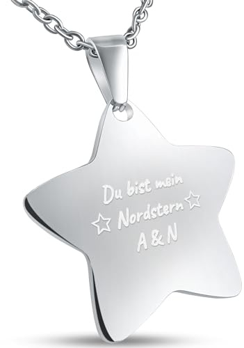 Hanessa Personalisierte Kette mit Gravur Edelstahl 50 cm mit Anhänger Stern - Personalisierte Geschenke für Kinder und Erwachsene - Halskette Damen Herren Mädchen Jungen