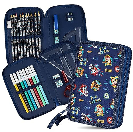 Paw Patrol Federmäppchen Groß Etui Stifte Jungen und Mädchen Stifte Kinder Gefüllt Federmappe Schulsachen Einschulung Geschenk Grundschule Kindergarten Schulbedarf (Marineblau Doppelreißverschluss)
