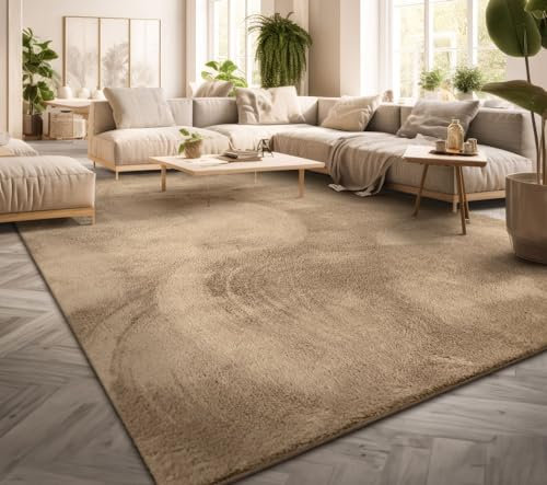 TT Home Wohnzimmer Teppich Kurzflor Anti-Rutsch Rückseite Unifarben Modern Waschbar, Farbe: Dunkelbeige, Größe:160x220 cm