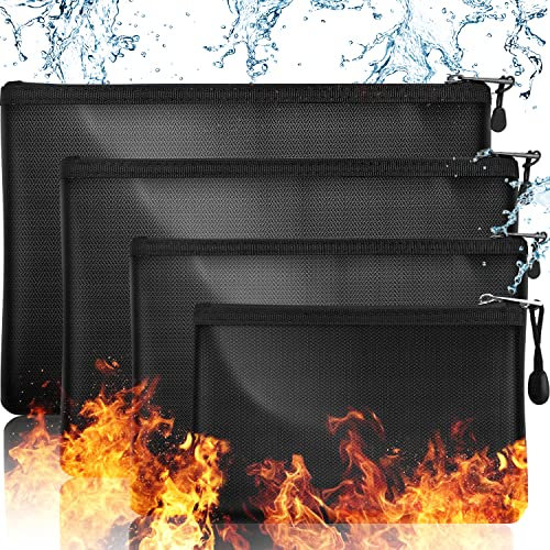 Feuerfeste Dokumententaschen 4 Stück| Feuerfest Wasserdicht Taschen mit Reißverschluss und Klettverschluss Bis 1100℃ Fiberglas|Feuerfeste Dokumentenmappe für A4 A5 Dokumente Wertsache Tresor