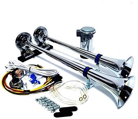 YIYDA Air Horn 12V Car Horn silver Speaker 165db Truck Horn High and low dual sound band bracket Chrome Zinc Double tube Trumpet Electric Horn horn with air pump horn for 12V car lorry ship etc