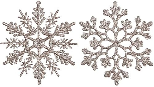 YIEUR 30 Stück Schneeflocken Weihnachten Gold Deko Anhänger, 10cm Weihnachtsbaum Glitzer Schneeflocken Anhänger Plastik Weihnachtsbaumschmuck (Champagner)