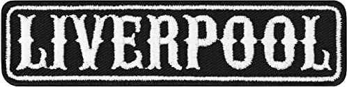 Parches ropa LIVERPOOL: Emblema de la ciudad de Liverpool para motociclistas, planchar. Reino Unido, Inglaterra, club de motociclistas MC. Insignia adhesiva. 100x25 mm
