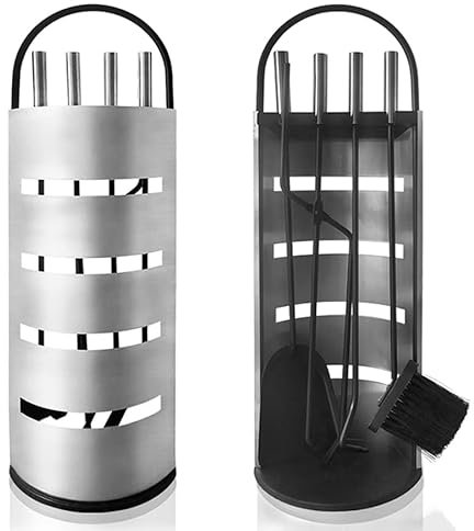 YUENFONG Set Camino 5 Pezzi con Porta Attrezzi, Accessori da Camino, Acciaio Inox, Paletta, scopa, Pinza, Attizzatoio, Contenitore per Cucina Casa (Tipo A, argento e nero)