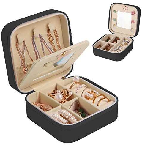 talifoca Portagioie da Viaggio con Specchio Porta Gioielli per Donne Ragazze, Porta Orecchini Organizeri in Pelle PU, per Orecchini Anelli Catene (Nero)