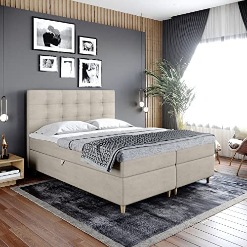 Boxspringbett Dante - Doppelbett, Bett mit Bonellmatratze und Topper, 2 Bettkästen für Bettwäsche, Polsterbett, Modern, Elegant, Schlafzimmer, Schlafzimmermöbel, Schlafzimmerbett (120x200, Beige)