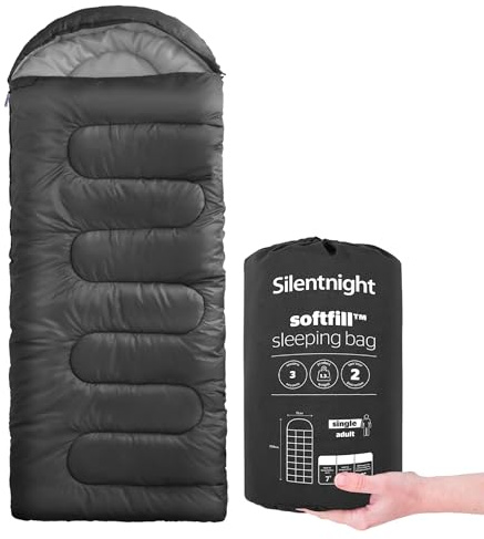 Silentnight Sleeping Bag for Adults - 3 Season Lightweight Soft Thick Cosy Warm Mummy Sleeping Bag for Spring Summer Camping Hiking Outdoor Travel for Warm and Cold Weather - Black