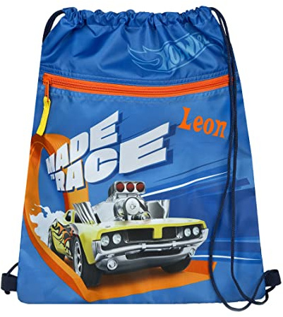 Personalisierter Turnbeutel Junge mit Name | Personalisierter Schuhbeutel Hot WHeeLS Renn-Auto | Sportbeutel zum Zuziehen Kinder-Rucksack | inkl. Wunschaufdruck