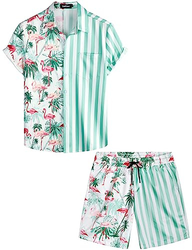VATPAVE Herren Flamingo Hawaii 2 Teiliges Sets Kurzarm Freizeithemden Strand Outfits Groß Kokosnuss Flamingo