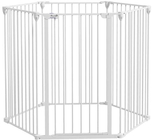 PawHut Cancellino per Cani Media/Grande Pieghevole 123x102x100 cm Bianco | Doppia Chiusura di Sicurezza, Cancelletto di Sicurezza Modulabile, Metallo e Plastica
