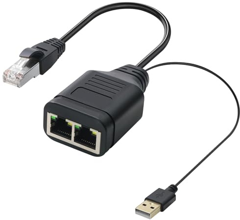 Duttek Adattatore splitter Ethernet RJ45, connettore di estensione di rete per accesso simultaneo a Internet a doppia porta, splitter Ethernet da 1 a 2 con cavo di alimentazione USB per router, TV,