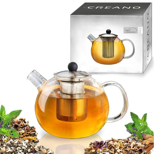 Creano Théière avec infuseur en verre 1,0 l – Théière en verre avec passoire et couvercle en acier inoxydable – Idéal pour la préparation de thés en vrac – Anti-goutte