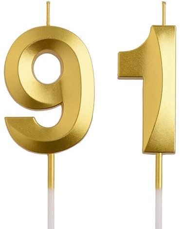 AOOLADA 91 Birthday Candle - Smokeless Gold Number 91 Cake Candles