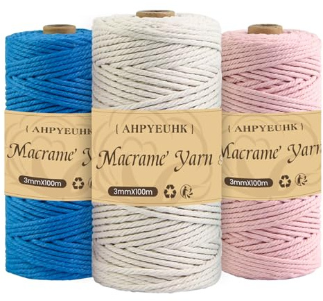 Makramee Garn 3mm X 100m,3 Stuck Makramee Baumwollgarn Baumwollschnur Natur Bastelschnur Makramee Zubehör Für DIY Basteln Stricken, Boho Wandbehang Deko,Traumfänger (Hellrosa + Beige + Seeblau)