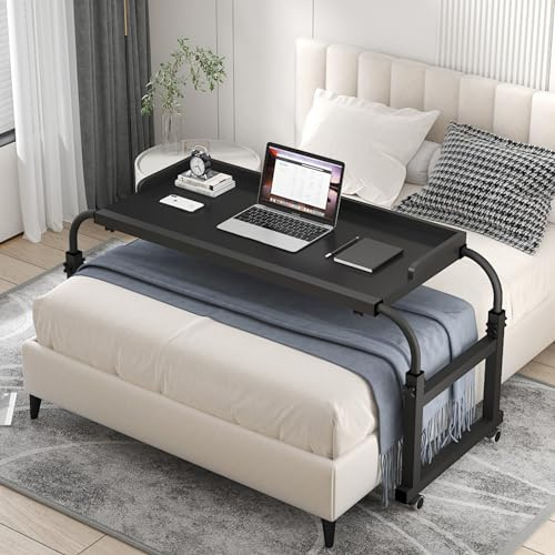 GXQFC Ausziehbarer Beistelltisch Überbetttisch mit Rollen, Überbetttisch mit Rollen Mobiler Schreibtisch Pflegetisch Laptoptisch Bettbeistelltisch Breite 115-210 cm & Höhe 65-95 cm(Color:Schwarz)