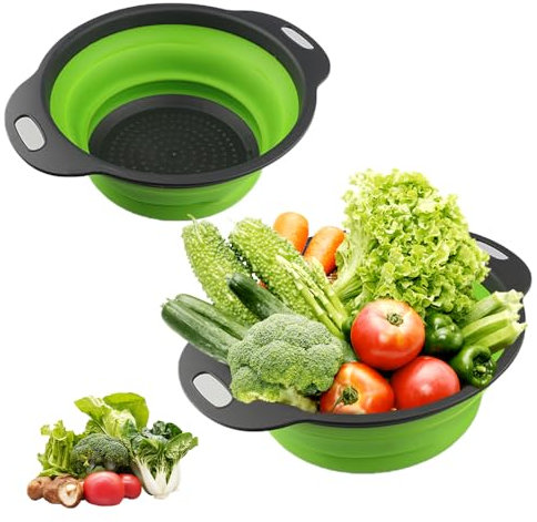 2 Piezas Coladores de Silicona, Colador plegable,Colador Plegable de Silicona para la cocina,Escurridor verduras, adecuado para pasta, frutas y verduras en el escurridor de la cocina (23,5 + 29 cm)