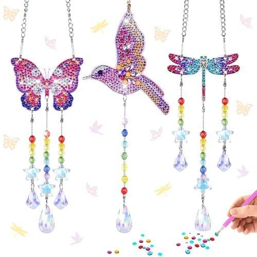 Diamant Peinture Carillon à Vent, Lot De 3 Carillon Éolien Kits d'art Diamant à Suspendre, Carillon de Vent Peinture Diamant, Peintures Diamant Attrape-Soleil, pour Jardin Maison Décoration
