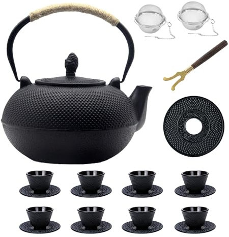 Juego de tetera grande de hierro fundido de 3000 ml para 6 a 10 personas, hervidor de té con bolas de té de acero inoxidable para té suelto, tetera de hierro fundido para estufa (juego de tetera de