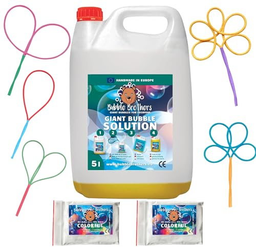 Bubble Brothers Liquido per bolle di sapone giganti, 2 x 5 litri, bottiglia di ricarica per bolle di sapone grandi e stabili (3 x 5 l + 5 bastoncini per bolle di sapone)