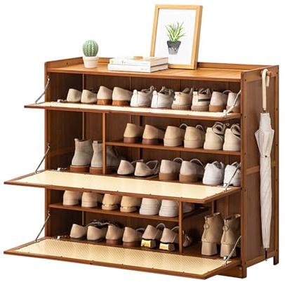 Bambus Schuhschrank mit Klappen, Schuhkipper Schuhschrank mit 2 Haken, Schuhregal Schrank für Flur Wohnzimmer, Eingangsbereich, Breite 33cm