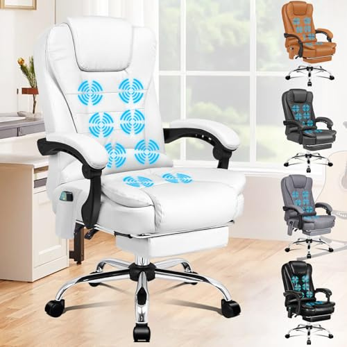 ALFORDSON Chaise de Bureau à Massage, Chaise de Bureau avec Support Lombaire, Fauteuil de Maison réglable, Fauteuil de Direction pivotant avec Repose-Pieds, Cuir de PU, Blanc