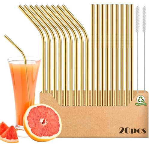 AOTWAN Edelstahl Trinkhalme - Golden Metall Strohhalme Wiederverwendbar, Enthalten 9 Gerade + 9 Gebogen + 2 Reinigungsbürsten für Cocktails, Smoothies