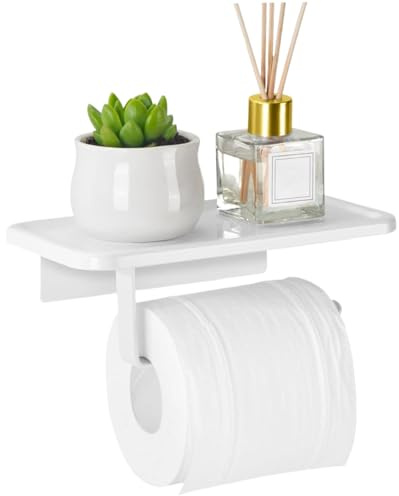 Toilet Paper Holder with Shelf 8x4x2 Toilet Paper Roll Holder Adhesive or Screw Wall Mount Rustproof & Multifunctional Tissue Holder for Bathroom White White Toilet Paper Holder Toilet Paper Roll Hol