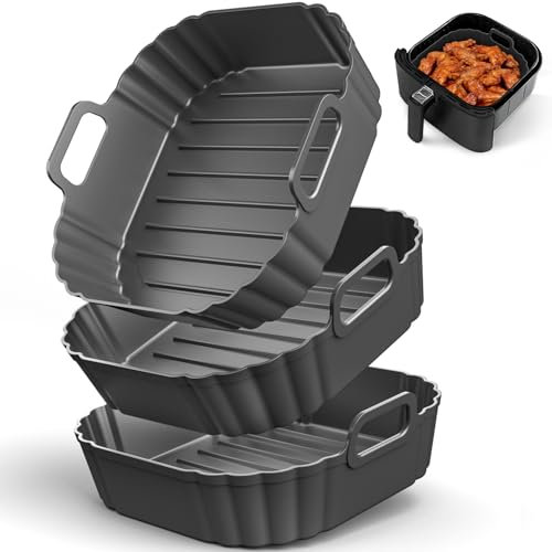 Square Silicone Air Fryer Liners 3 Pack - 8.3 Inch Reusable Air Fryer Pot for 3.8 to 5.2L - Air Fryer Accessories Replacement for Parchment - Air Fryer Inserts for Oven Microwave Accessories