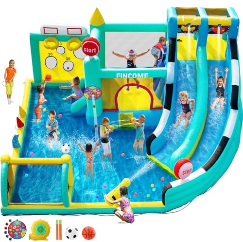 FINCOME Bounce House Double Slides for Kids 3-10, Large Bounce Castle with Air Blower 550W, Pool, Jumping, Climbing, Balls, Ring Toss, Inflatable Water Park for Birthday Party Holiday Outdoor Indoor