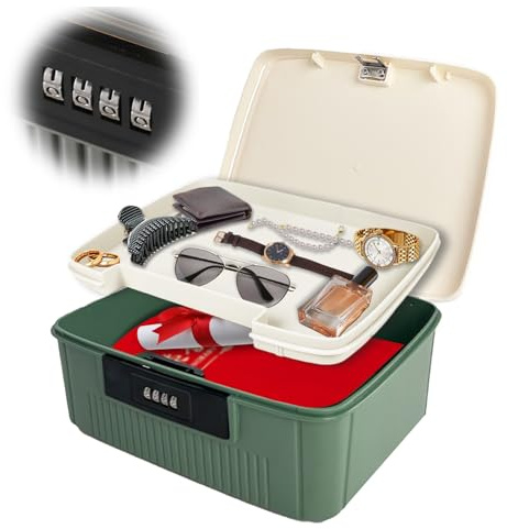 REDKNOT 2 Schicht Abschließbare Box mit 4-Stelligem Zahlenschloss 25x21x11.5 cm Groß Aufbewahrungsbox mit Herausnehmbarem Fach Tragbare Organizer Box für Küche Zuhause Schule Büro
