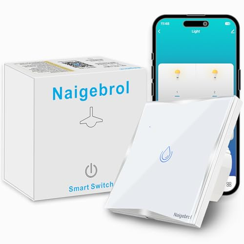 Naigbebrol 20A Smart WiFi Switch for Water Heater TUYA App Control No HUB Wire Required Wall Mounted Touch Panel Tempered Glass Compatible with Alexa & Google, Modern White Design (White)