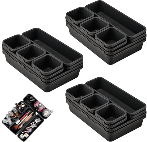 GOEDCH Schubladen-Organizer: 24 Stück Werkzeugkoffer Organizer, Schwarz Sortierbox Schubladen, Werkstatt Werkzeug Organizer, Schubladen Organizer Küche, Aufbewahrungsboxen für Schreibtisch, Badezimmer