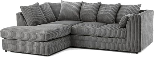 L Shaped Sofa Settee - Dylann Corner Sofa Set - Value 4 Seater Right or Left Hand Facing Suite Couches - Comfy Jumbo Cord Scatter Back Sofas Collection for Lounge Indoors Decor (Grey, Left Hand)