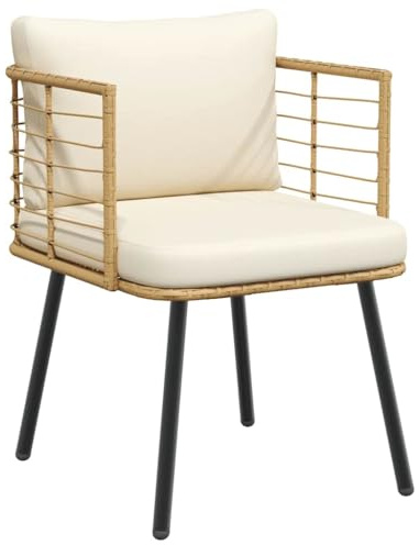 Makastle Gartensessel mit Cremeweiß Kissen, Polyrattan-Stuhl mit Netzrückenlehne für Balkon Terrasse, Kratz- und verschleißfest, Natur 60 x 65 x 76 cm Stahl