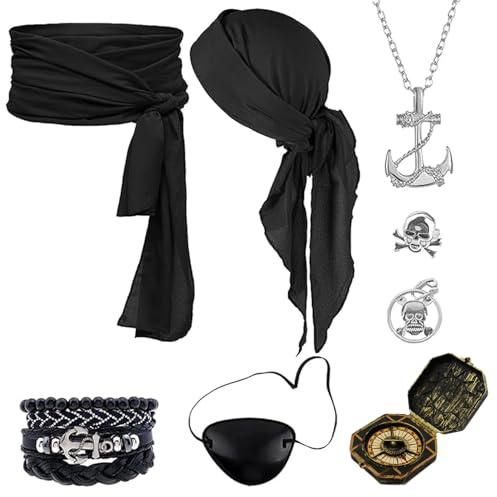 Mailfull 8 Piezas Disfraz Pirata para Mujer y Hombre Incluye Cinturón Bufanda Máscara Pendientes Brújula Collar Pulsera y Anillo para Carnaval Cosplay Cumpleaños Fiestas Halloween (Negro)