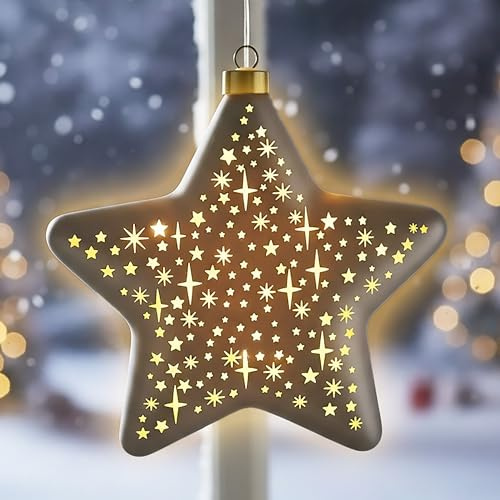 LED Glas Weihnachtsstern Champagner Farben zum Hängen mit Timer - 19 cm - Dekostern Soft Gold beleuchtet Batterie betrieben