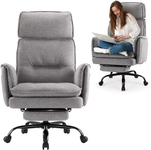 IWMH Ergonomischer Bürostuhl 227kg, XXL Stoff Chefsessel mit Fußstütze Schreibtischstuhl mit höhenverstellbare Kopfstütze,135° Neigefunktion,Drehstuhl für Homeoffice,Gaming (Grau)