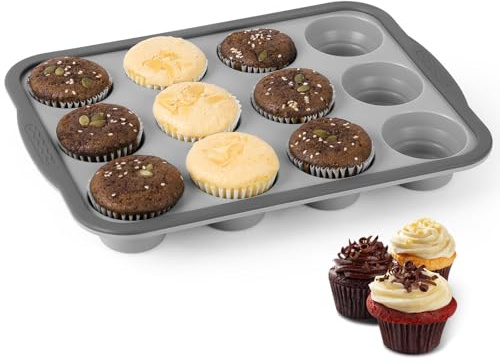 Alaoo Silicone Round Cake Mold, Silicon Muffin Tray 12 Cups, Nonstick 12 Cup Muffin Tray for Muffins Cupcakes Brownies Tarts Mince Pies Bakeware, 31x 22.2x 3cm Grey