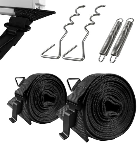 Awning Tie Down Kit for Motorhomes & Caravans, Universal Awning Storm Strap Kit with Adjustable Polyester Straps + Ground Anchors + Tension Springs + Storage Bag (Black)