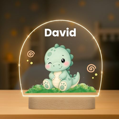 Lámpara Infantil Personalizada con Nombre y Fecha - Luz Quitamiedos LED - Regalo Bebé Recién Nacido, Bautizo o Cumpleaños - Decoración Infantil (Dinosaurio)
