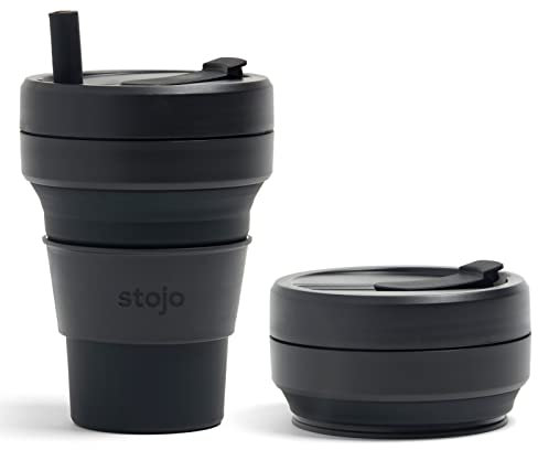 STOJO On-The-Go Biggie - Taza de café plegable – 473 ml – Taza de viaje de silicona reutilizable y plegable con tapa – portátil, tamaño de bolsillo – apta para lavavajillas – tinta negra