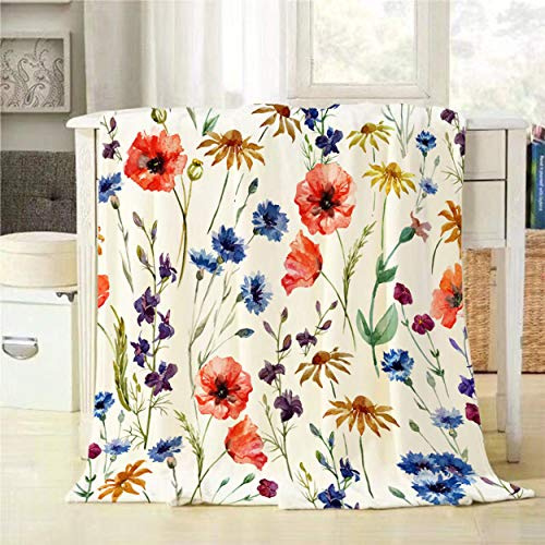 Mugod Wildflowers Throw Blanket Colorful Watercolor Flowers Poppy Cornflower and Chamomile Decorative Soft Warm Cozy Flannel Plush Throws Blankets for Bedding Sofa Couch 50 X 60 Inch