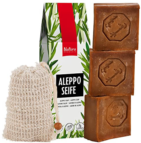 Natura Germania® 3x je ca. 200 gr (ca. 600 gr) original Aleppo Seife Set 60% Olivenöl / 40% Lorbeeröl + Sisal Seifensäckchen | Bekannt aus dem Öffentlich-rechtlichen - Naturseife