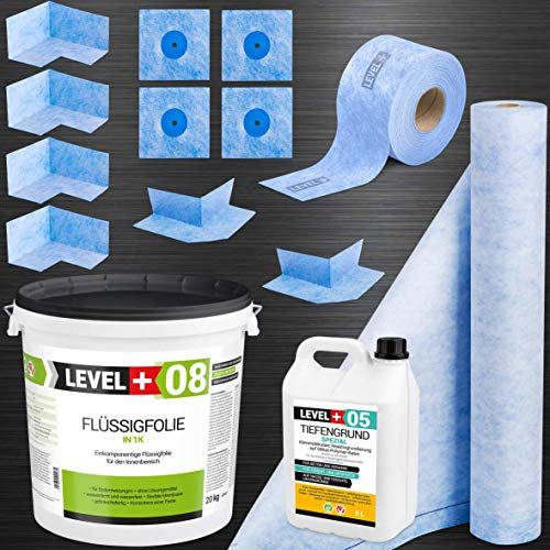 Abdichtungsset Badabdichtung Dusche 20Kg Flüssigfolie, 4 Innenecken, 2 Außenecke, 4 Wandmanschetten, 20M Dichtband, 3M Dichtbahn 5L Tiefengrund SET45
