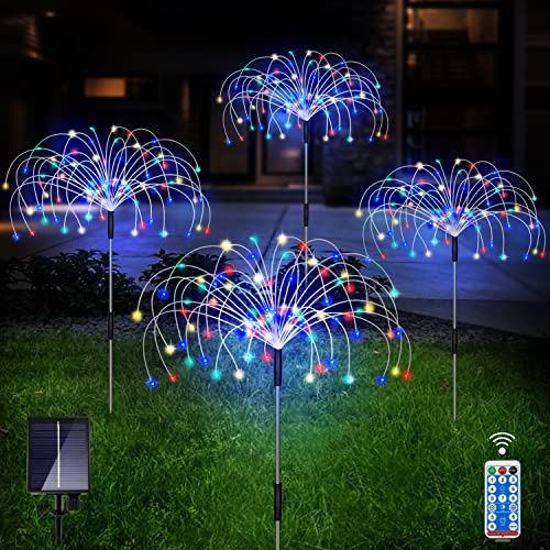 Outdoor Solar Garden Lights, 4 Pack 120 LED Copper Wire Waterproof Garden Fireworks Lamp with Remote, 8 Modes Decorative Sparkles Stake Landscape Light for Pathway Lawn Decor (Colorful)