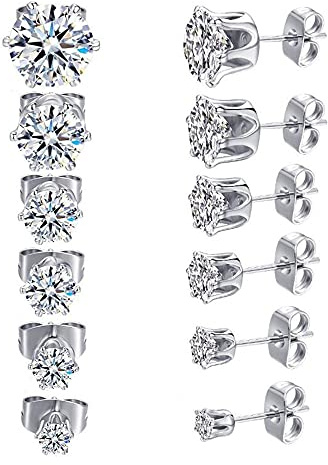 XINCHENG 6 Pairs Stainless Steel Hypoallergenic Silver Diamond Stud Earrings for Women Men, CZ Cubic Zirconia Simulated Diamond Sparkly Stud Earring 3, 4, 5, 6, 7, 8mm